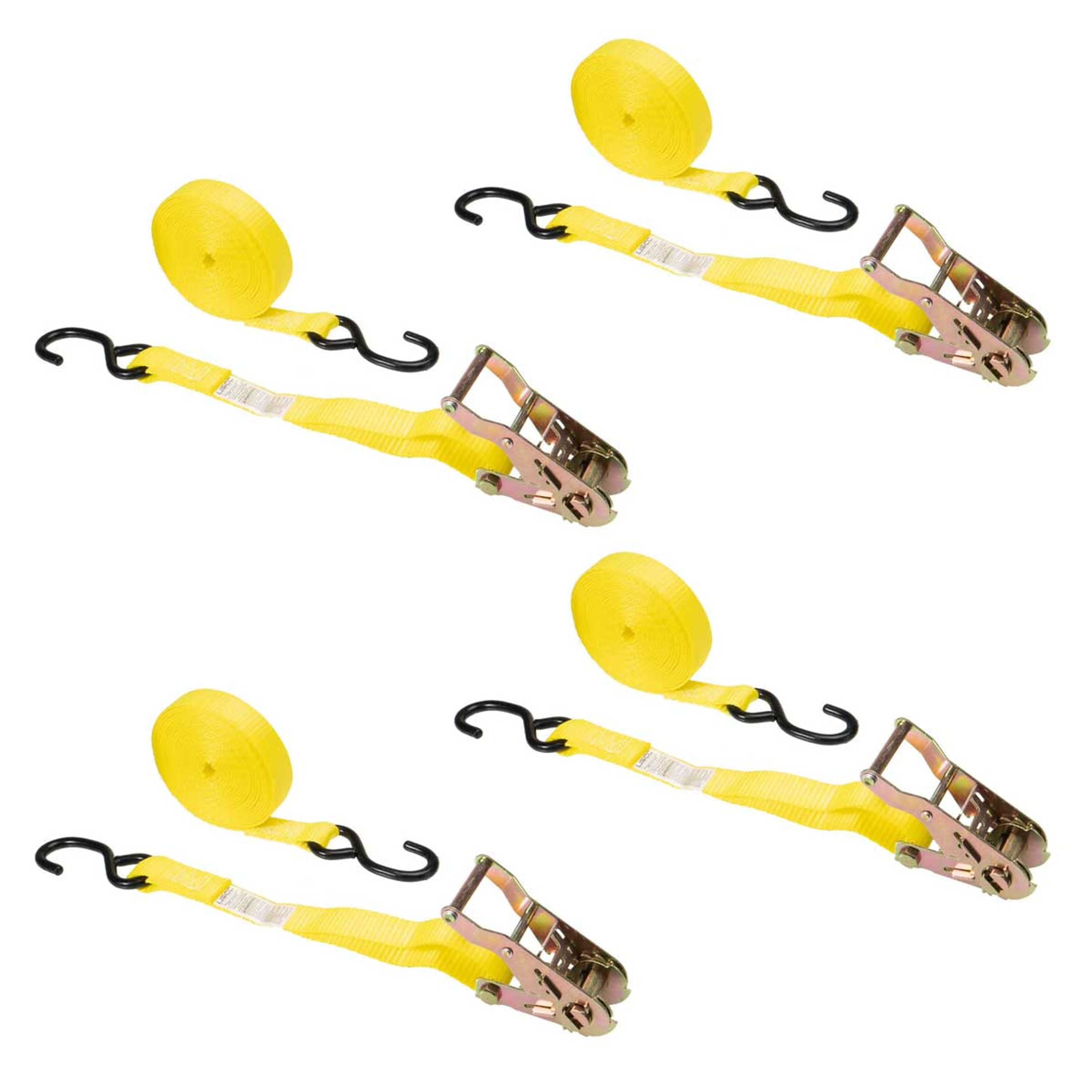 Yellow Polyester 15' Ratchet Tie Down Strap with Vinyl Coated S Hooks, 4 Pack