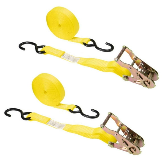 US Cargo Control Ratchet Tie Down Straps, 1 Inch x 20 Foot Ratchet Strap with Vinyl Coated S Hooks,  20 Foot Yellow Tie Down Strap, S Hook Tie Downs, Dependable Straps Securing Cargo, 2 Pack