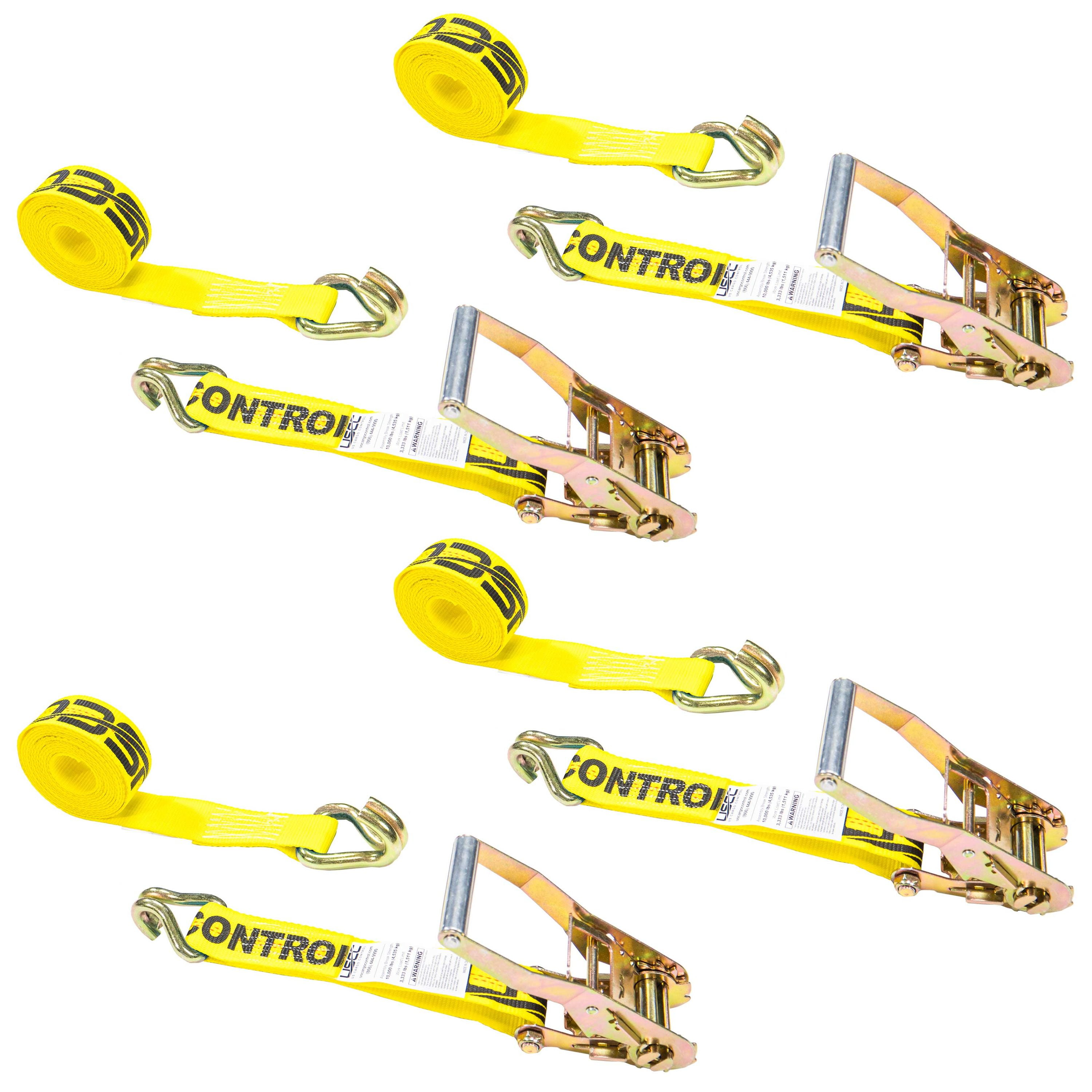 US Cargo Control Ratchet Tie Down Straps, 2 Inch x 12 Foot Ratchet Straps With Double J Hooks, Yellow Ratchet Straps, Secure Cargo with Ease, Double J Hook Ratchet Straps, 4 Pack
