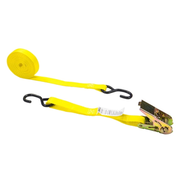 US Cargo Control, S Hook Ratchet Strap Tie Down, 1 Inch Wide X 15 Foot Long, Yellow Ratchet Tie Down S Hook Strap, Dependable Utility Strap For Cargo Securement And More