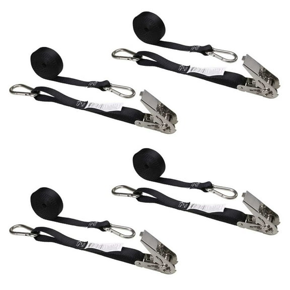 US Cargo Control, Stainless Steel Ratchet Strap Tie Down, 1 Inch Wide X 10 Foot Long, Black Tie Down Strap, Stainless Steel Thumb Ratchet, Dependable Utility Strap To Secure Cargo, 4 Pack