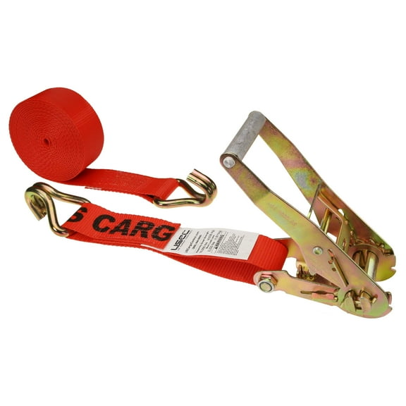 US Cargo Control, Wire Hook Ratchet Strap, 2 Inch Wide X 30 Foot Long, Red Ratchet Strap, 2 Inch Ratchet Strap, Wide Handle Ratchet, Ratchet Strap With Wire J Hooks, Dependable Tiedown Strap