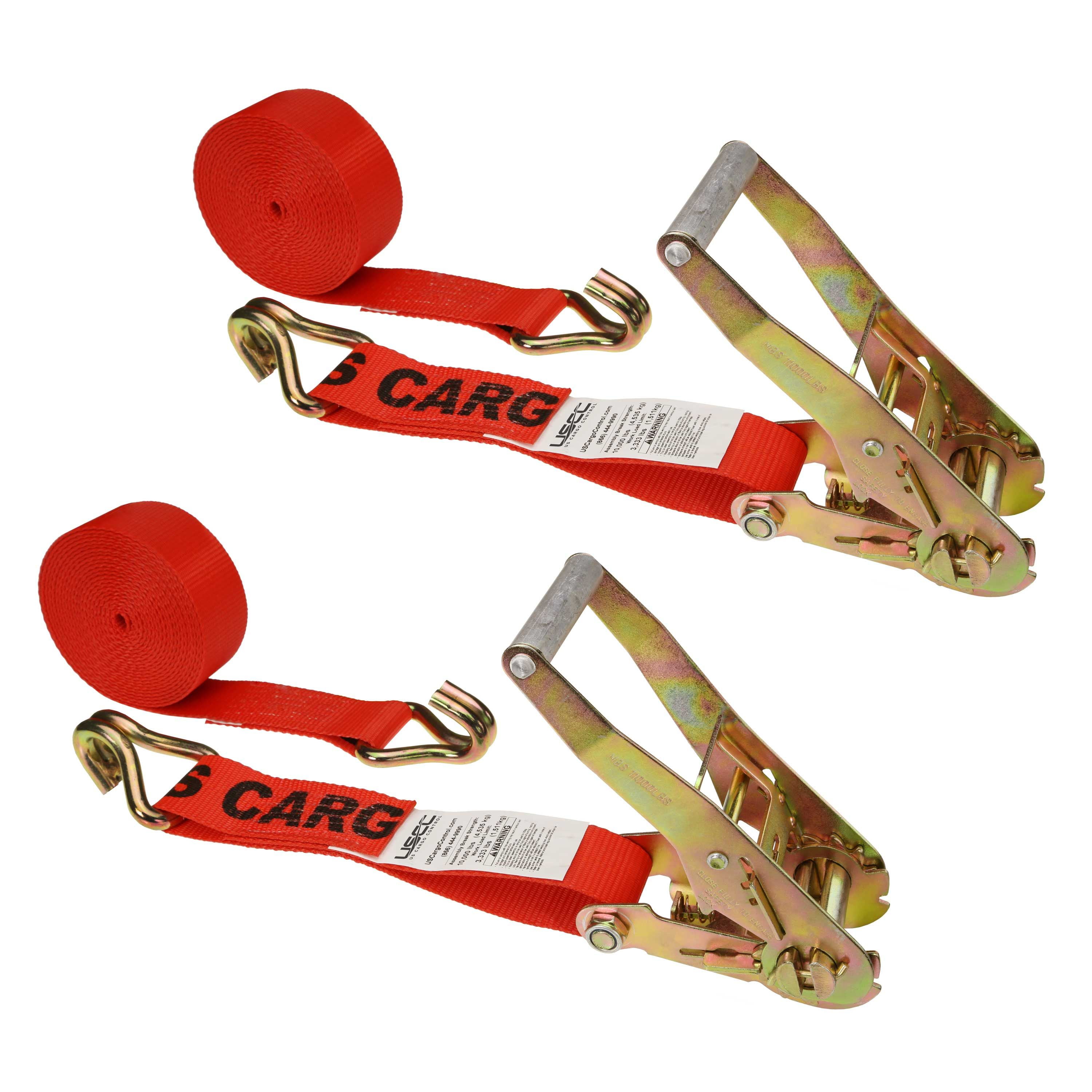 US Cargo Control, Wire Hook Ratchet Straps, 2 Inch Wide X 30 Foot Long, Red Ratchet Straps, 2 Inch Ratchet Straps, Wide Handle Ratchets, Ratchet Straps With Wire J Hooks, 2 Pack of Tiedowns