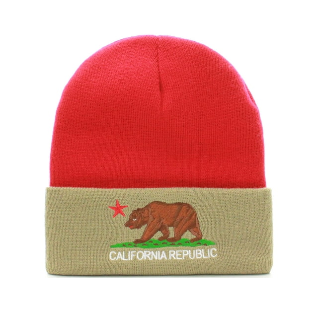 US Cities Unisex California Republic Winter Knit Beanie Hat Cap - Cuff - Red Khaki