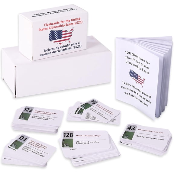 US Citizenship Flash Cards 2026 Edition, Bilingual Civics Test Study Cards with English and Spanish Learning Booklet, Naturalization Exam Preparation Flashcard Set