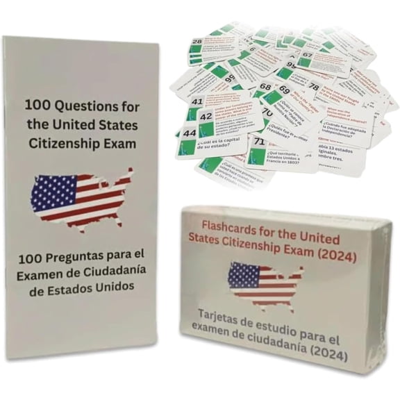 US Citizenship Test Flash Cards,100 US CIS Civics Questions & Answers, Bilingual English/Spanish Study Booklet Included, Naturalization Exam Prep for Green Card Holders