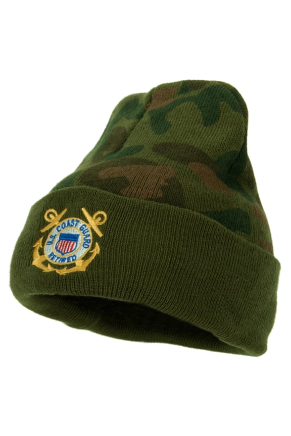 US Coast Guard Retired Anchors Embroidered Camo Long Beanie - Green OSFM