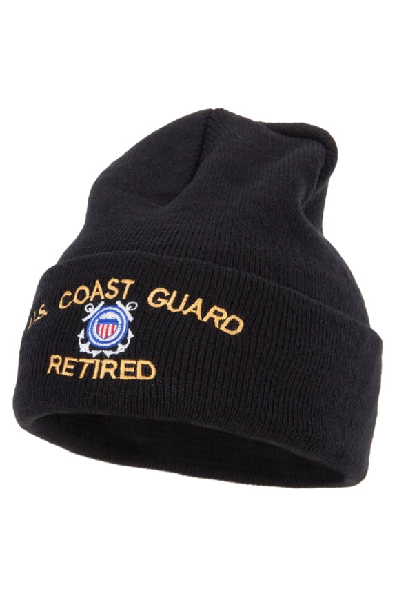 US Coast Guard Retired Logo Embroidered 12 Inch Long Knitted Beanie - Black OSFM