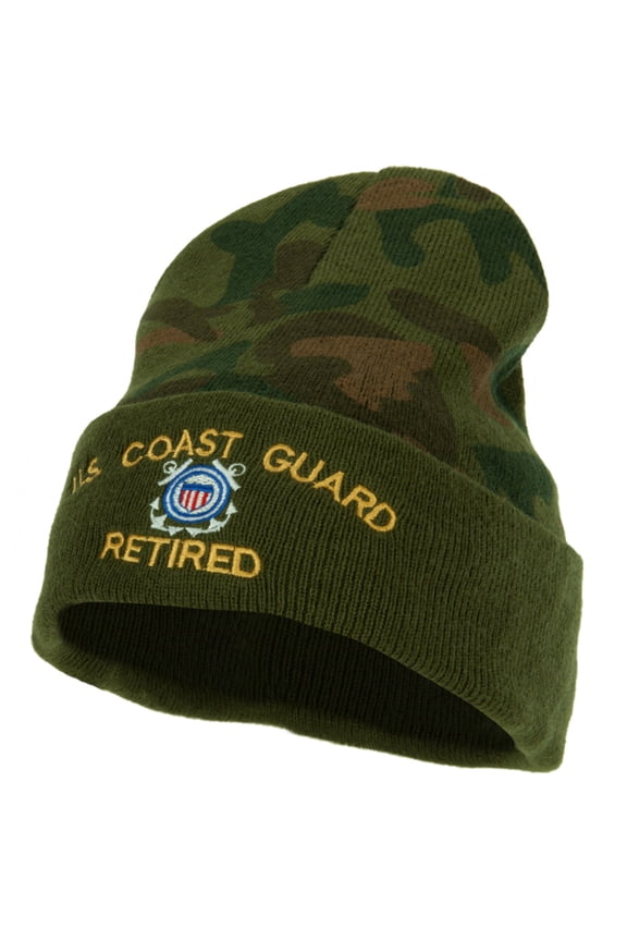 US Coast Guard Retired Logo Embroidered Camo Knit Long Cuff Beanie - Green OSFM