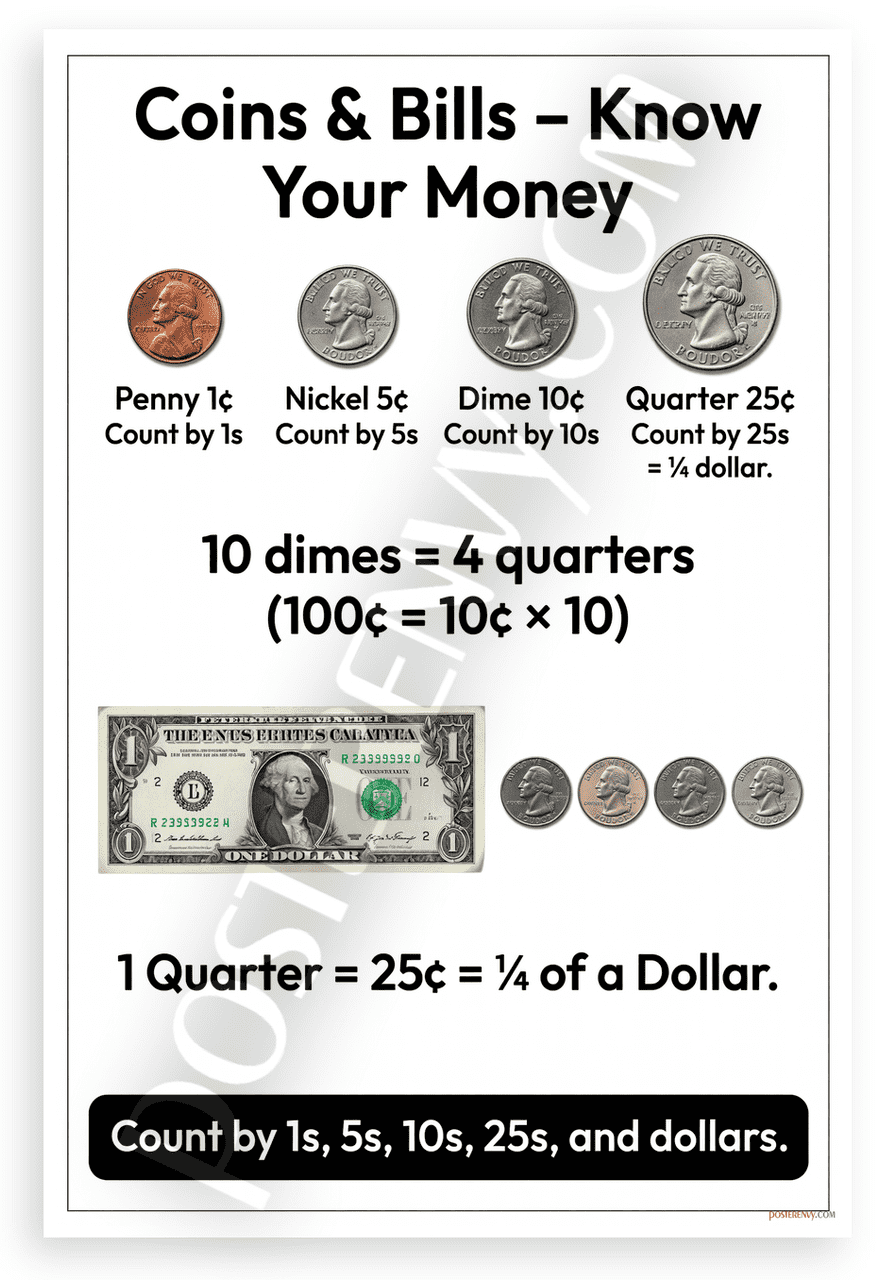 US Coins and Bills Know Your Money Educational 12x18 US Made Poster ...