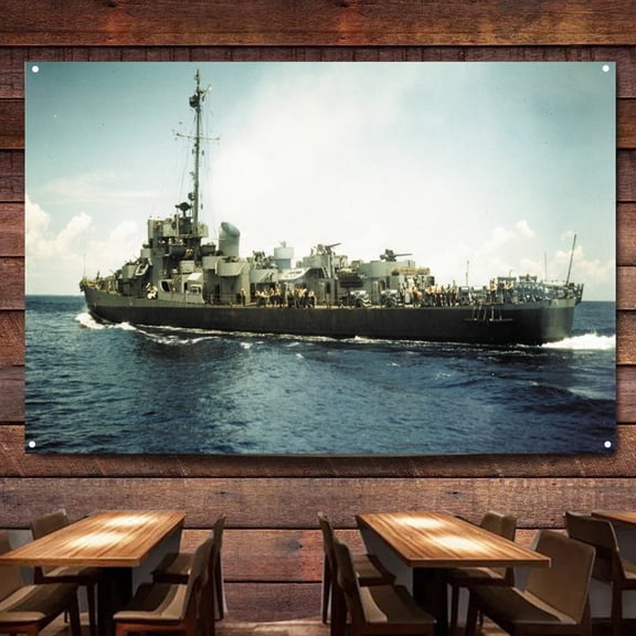 US Destroyer Holding Line on the High Seas Tapestry Wall Art Flag World War II Military Historical Posters and Prints Banner Wall Chart Canvas Painting Home Decoration,38X57 inches