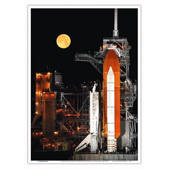 US Discover Space Shuttle Prelaunch with Full Moon March 11, 2009 - NASA Color Photo - Master Art Print 10in x 14in
