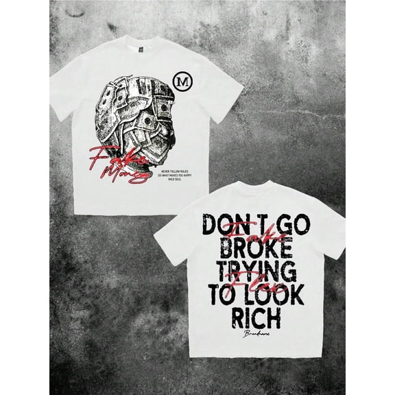 US Dollar Bill Front & Back Print Oversized Loose Drop Shoulder Short Sleeve White Tee Shirt For Men, Fashionable Streetwear