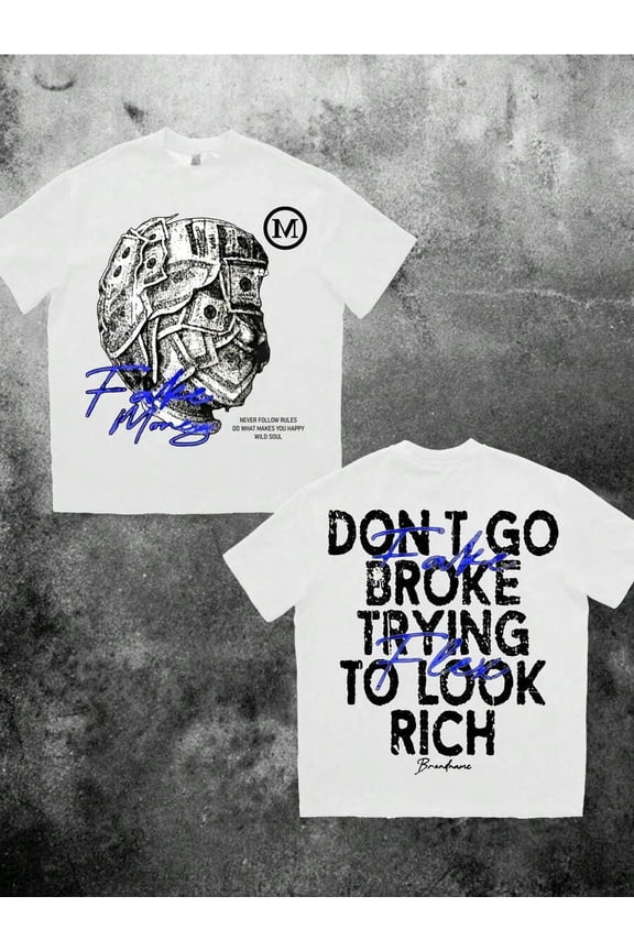 US Dollar Bill Front & Back Print Oversized Loose Drop Shoulder Short Sleeve White Tee Shirt For Men, Fashionable Streetwear