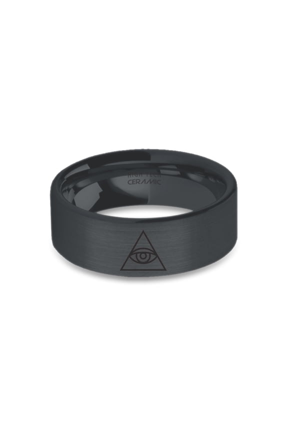 US Dollar Eye of Providence Engraved Black Brushed Ceramic Ring, 8mm, Size 9