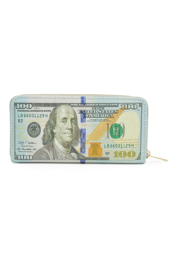 US Dollar USD $100 Currency Money Bill Print PU Leather Zip Around Wallet