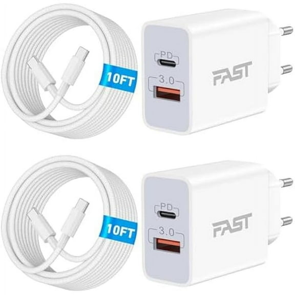 US to Europe Plug Adapter, 20W 2-Port PD+QC Fast USB C Wall Charger Block European Travel Plug Power Adapter with 10FT Long USB C to C Cable for iPhone 16 15 Pro Max Plus iPad Samsung Tablet