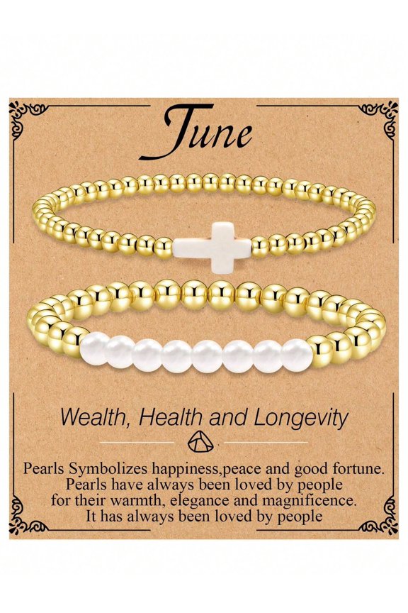 Bracelet Birthstone Gold Bead Cross Steel/June