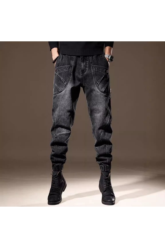 Mens Vintage Jeans, Trendy Patchwork, Washed, Loose Cuffed Style