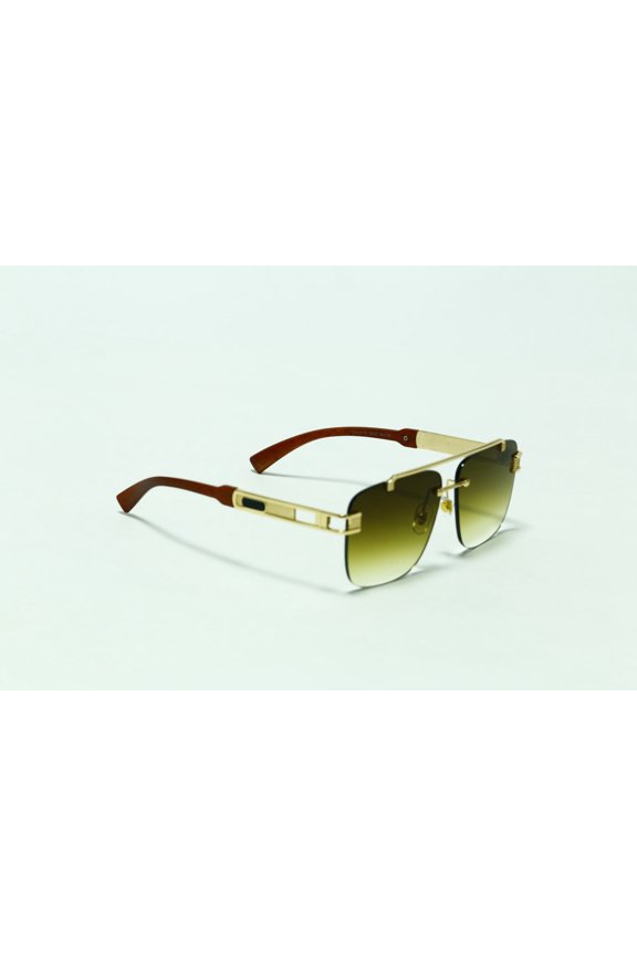 ZX-3117 Men's Square Rimless Sunglasses - Retro Double Bridge, Metal Frame with Wood-Grain Temples, Fashion Eyewear