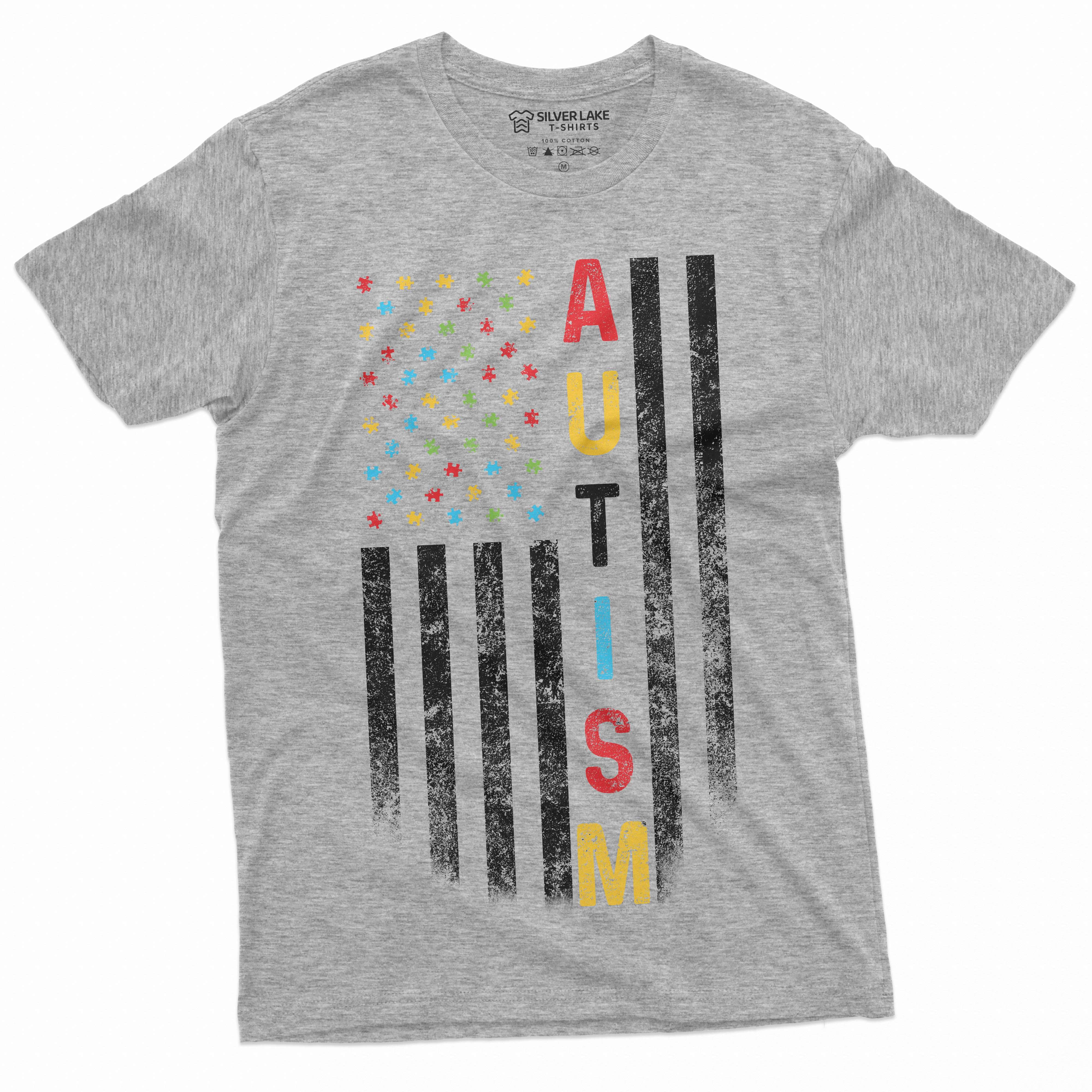 US Flag Autism colors T-shirt autism awareness day men's tee shirt patriotic USA Flag ASD day Tee (Large Grey)