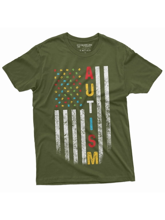 US Flag Autism colors T-shirt autism awareness day men's tee shirt patriotic USA Flag ASD day Tee (Large Military Green)
