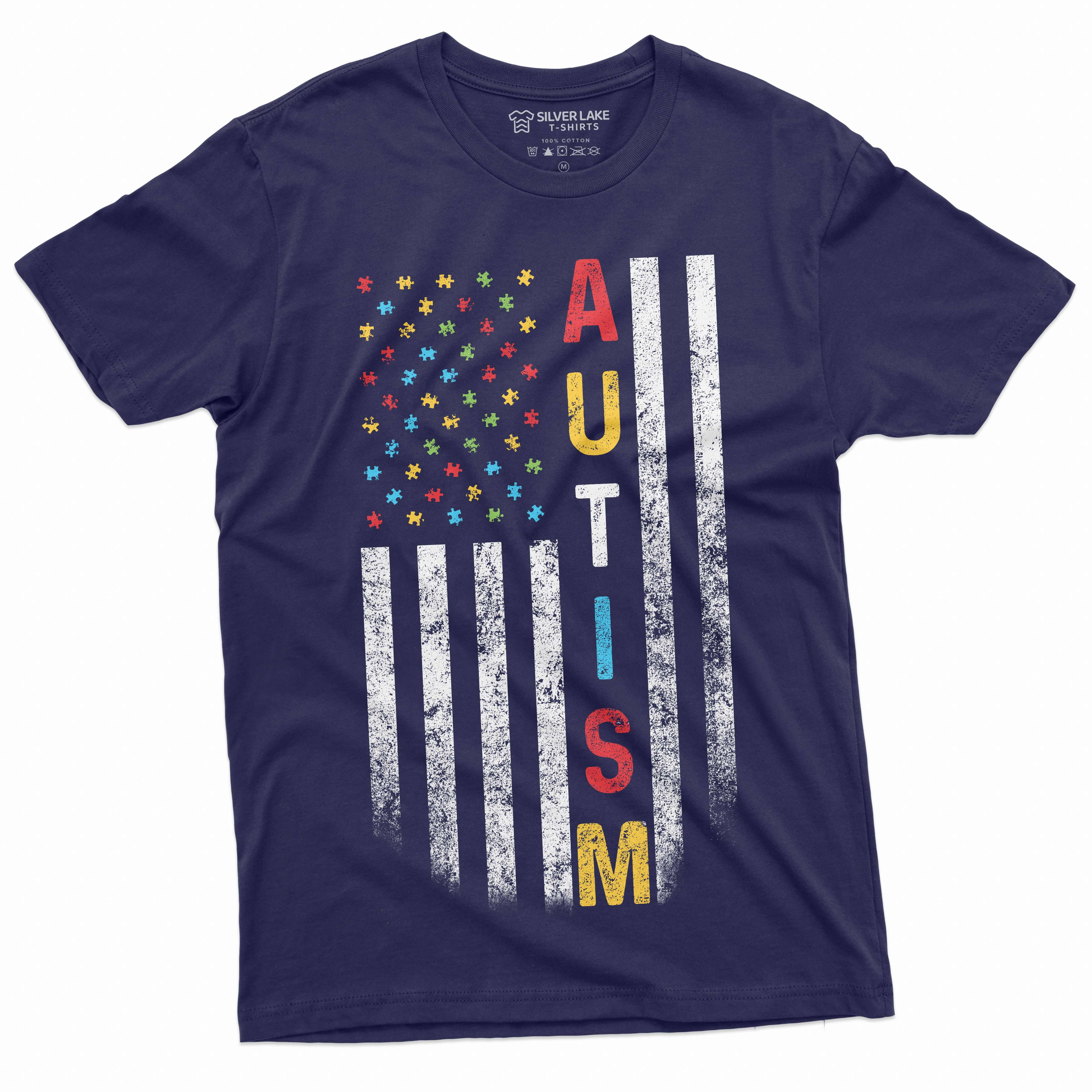 US Flag Autism colors T-shirt autism awareness day men's tee shirt patriotic USA Flag ASD day Tee (Medium Navy Blue)