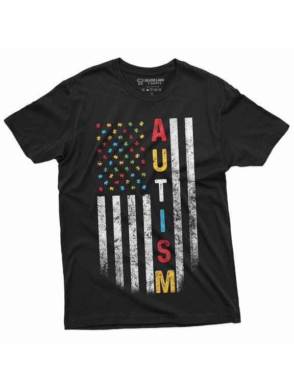US Flag Autism colors T-shirt autism awareness day men's tee shirt patriotic USA Flag ASD day Tee