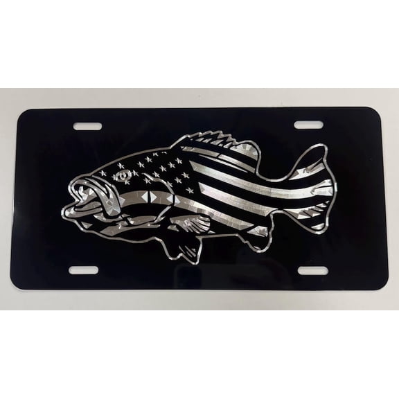 US Flag Bass Fish Fishing License Plate Car Tag Diamond Etched Engraved on Aluminum Metal Weatherproof & Rustproof