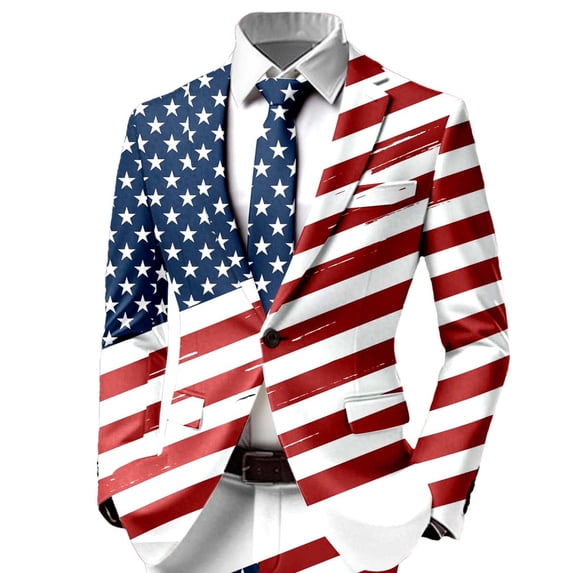 US Flag Blazers Jacket for Men 4th of July Suit Coat Notched Lapel Long Sleeve Party Jackets One Button Notch Lapel Blue L