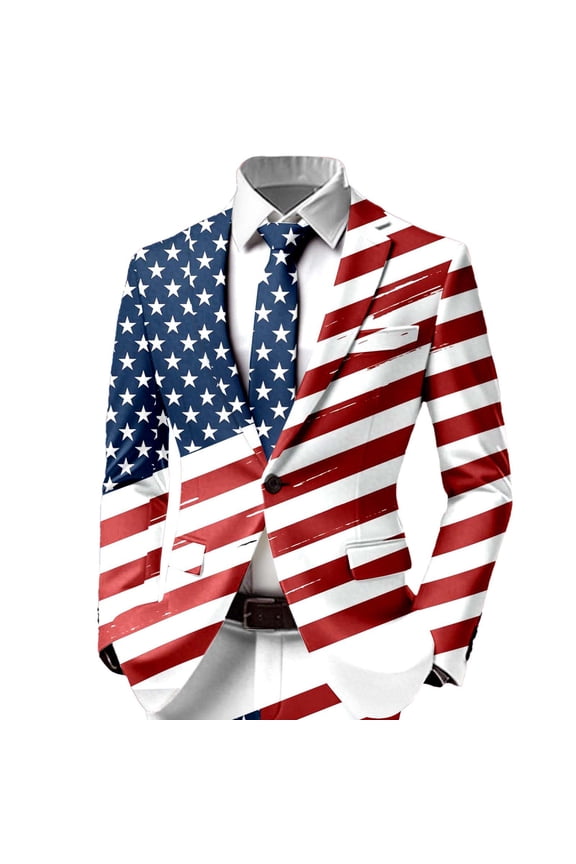 US Flag Blazers Jacket for Men 4th of July Suit Coat Notched Lapel Long Sleeve Party Jackets One Button Notch Lapel Blue XXL