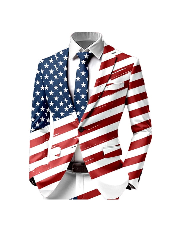 US Flag Blazers Jacket for Men 4th of July Suit Coat Notched Lapel Long Sleeve Party Jackets One Button Notch Lapel Blue XXXL