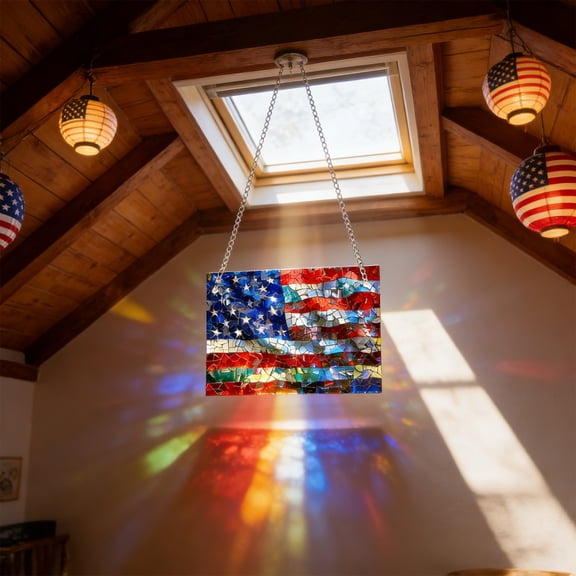 US Flag Colors Acrylic Translucent Reflector Independence Day Holiday Window Decor Sunlight Diffuser Patriotic Theme Home Accent