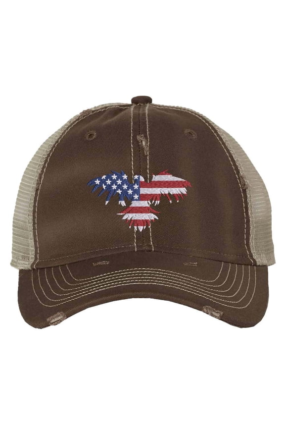 Premium Patriotic Trucker Hat - American Eagle USA Flag Design with Adjustable Strap - Distressed Cap (Brown)