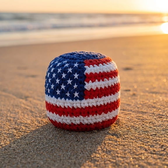 US Flag Crochet Hacky Ball Sacks, Red White Blue Patriotic Handmade Knitted Foot Bag Kick Sack for Beginners Outdoor Game