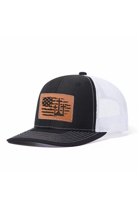 US Flag Cross Leather Patch Embroidered Color Block Trucker Hat Unisex Adjustable Cotton Breathable Fashion Cap for Travel Daily Wear