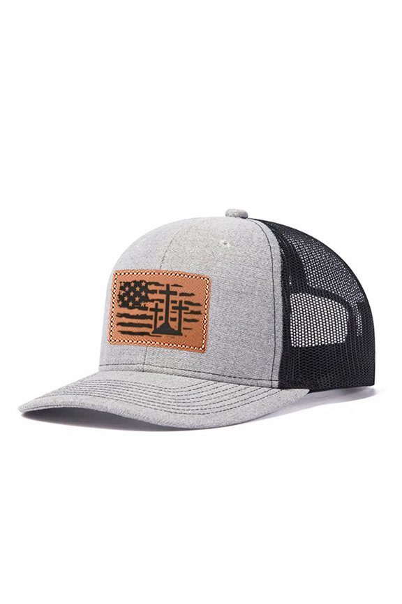US Flag Cross Leather Patch Embroidered Color Block Trucker Hat Unisex Adjustable Cotton Breathable Fashion Cap for Travel Daily Wear