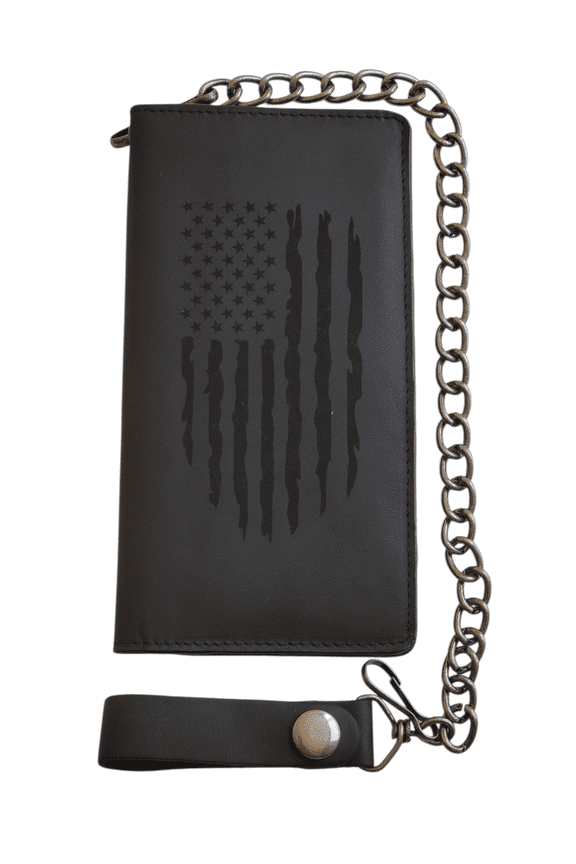US Flag Genuine Leather Biker Wallet With Chain Black Bi-Fold 7" Wallet By MDream