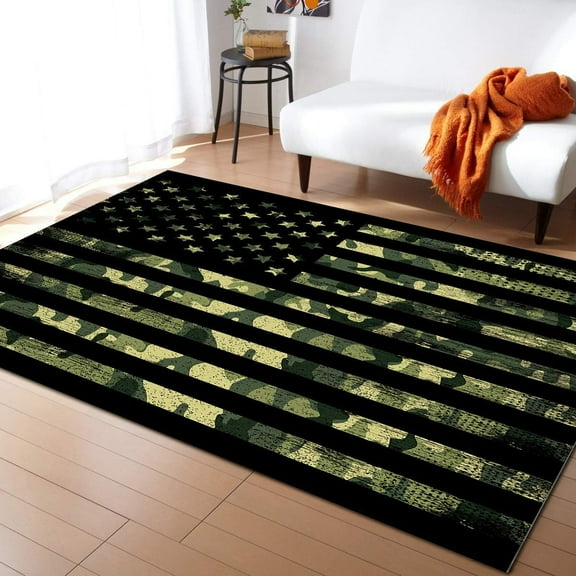 US Flag Indoor Modern Contemporary Area Rug, Independence Day Green Camouflage Themed Ultra Soft Non-Shedding Carpet Floor Mats Stain Resistant Living Room Bedroom Area Rugs Washable 3x5ft