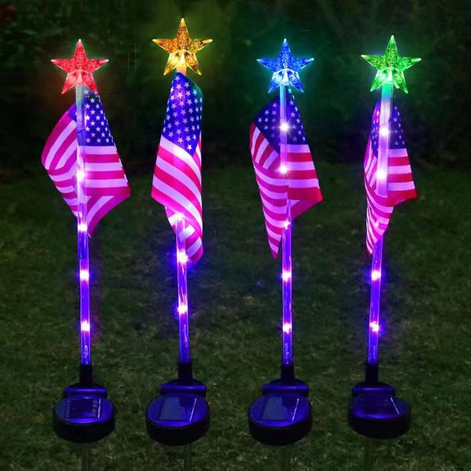 US Flag Solar Garden Lights, 4 Pack 24 LED 7 Color Changing American Flag Landscape Light, 4th of July Outdoor Decor Star Solar Stake Lights for Yard Patio Walkway Pathway