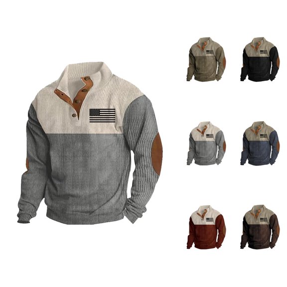 US Flag Sweatshirts for Men 2025 Long Sleeve Color Block Stand Collar Corduroy Sweatshirt Pullover Tops