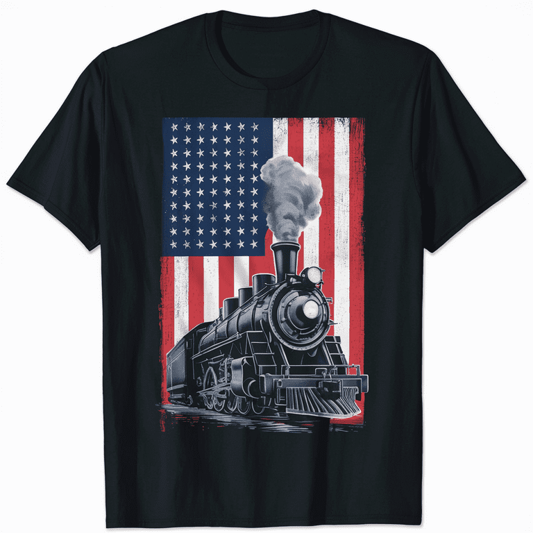 US Flag Train Vintage Locomotive Men Boys Kids T-Shirt