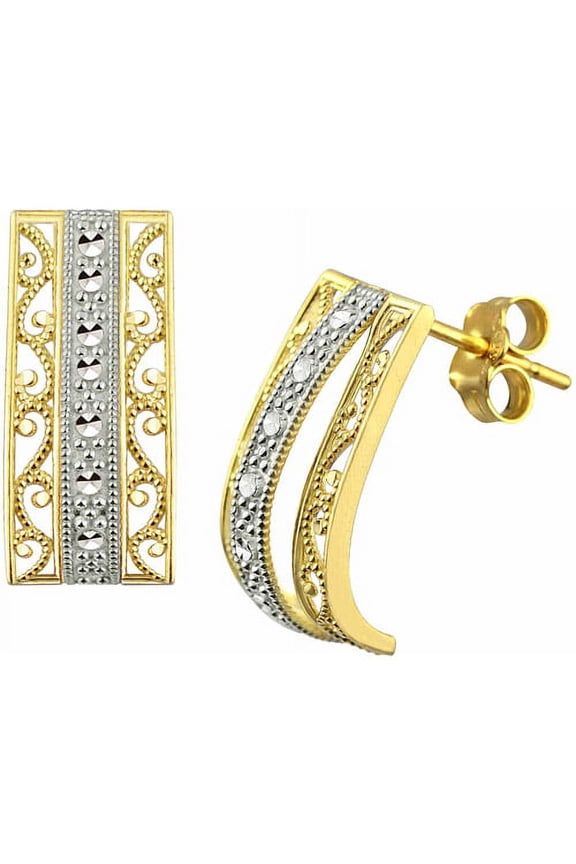US GOLD 10kt Filigree Design J-Hoop Earrings