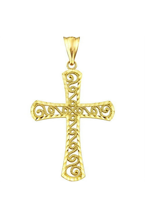 US GOLD Handcrafted 10kt Gold Filigree Cross Charm Pendant