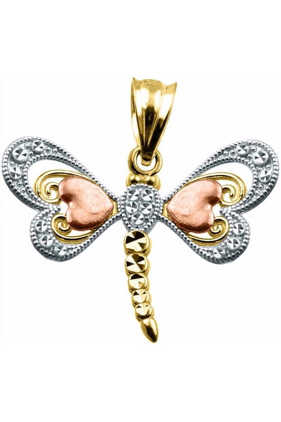 US GOLD Handcrafted 10kt Gold Tri-Color Dragonfly Charm Pendant