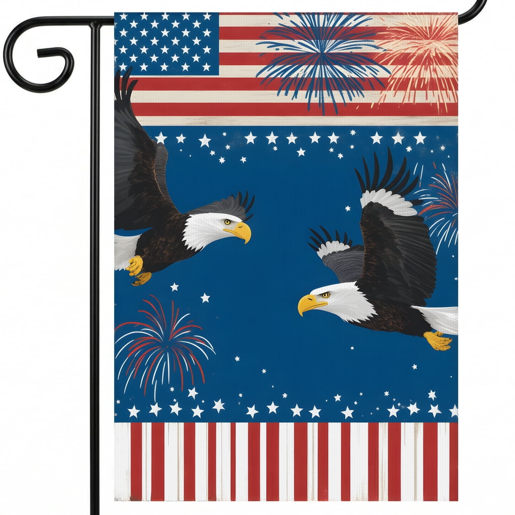 US Garden Flag Two Bald Eagles Flying in Front of an American Flag with Fireworks flag banner 28x40 inch classic size Outdoor Garden Decor