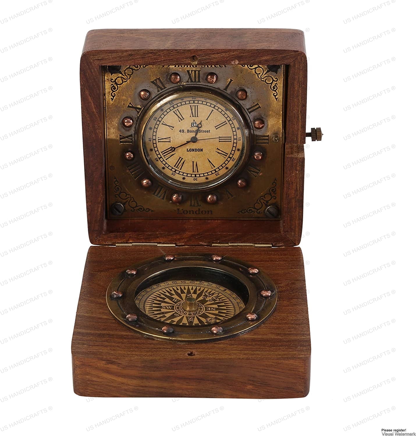US HANDICRAFTS Nautical Handmade Authentic Brass Clock Compass in Rose Wood Box, Replica of Vintage Product Best Gift for Your Love one