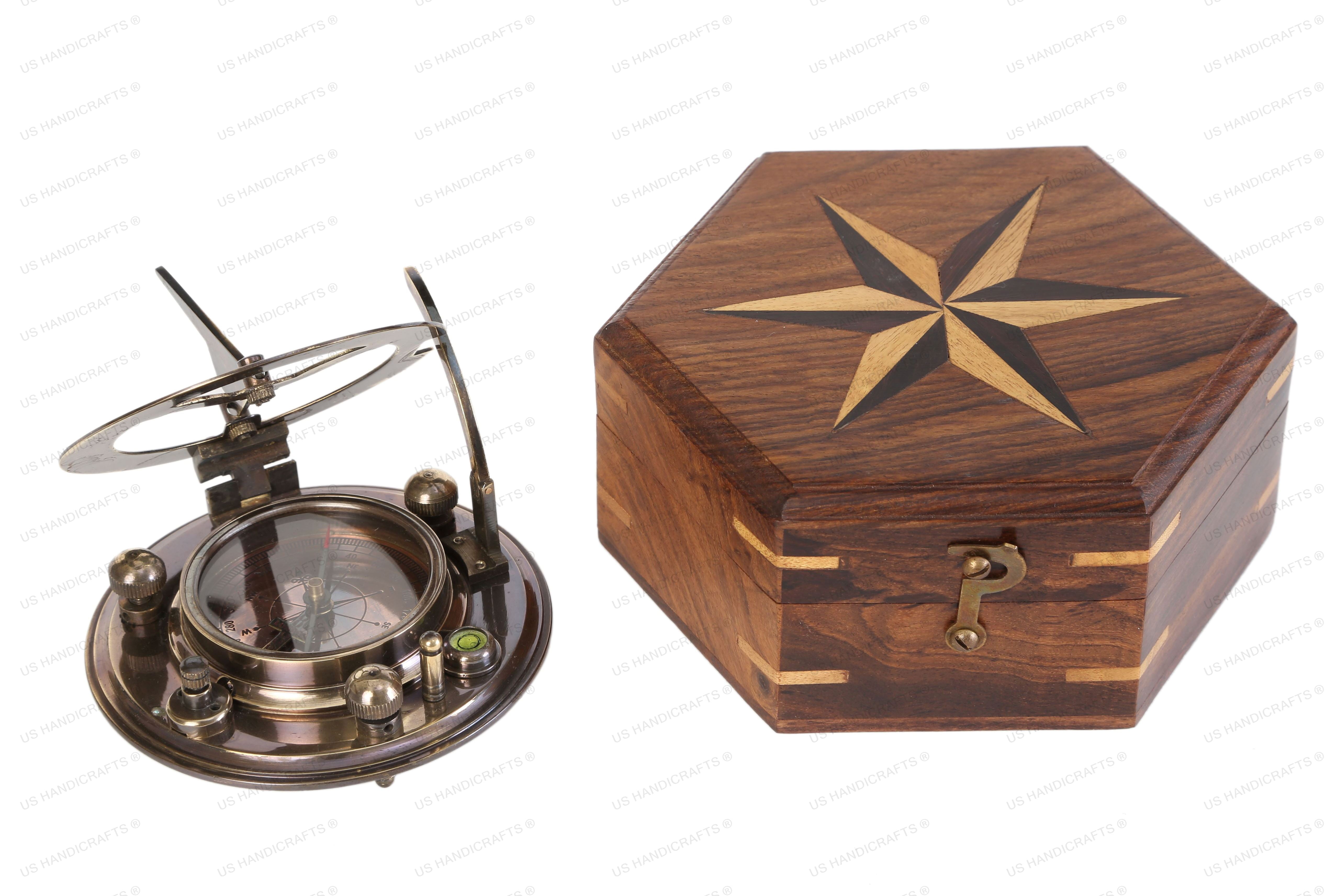 US HANDICRAFTS Vintage Compass Navigation Instrument Brass Sundial Compass with Wooden Case & Calendar Engraved Baptism Gifts for Loved Ones, Son, Love, Partner Compass for Camping, Hiking, Touring