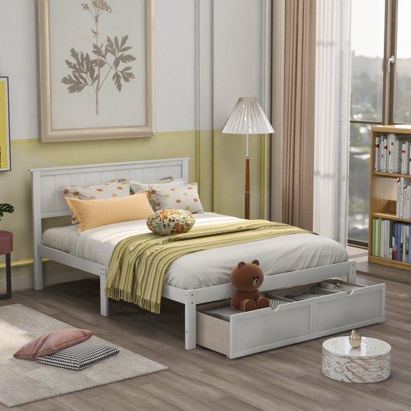 [US IN STOCK] Full Size Platform Bed with Under-bed Drawers, White