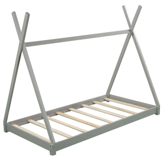 [US IN STOCK] Twin Size House Platform Bed with Triangle Structure,Gray